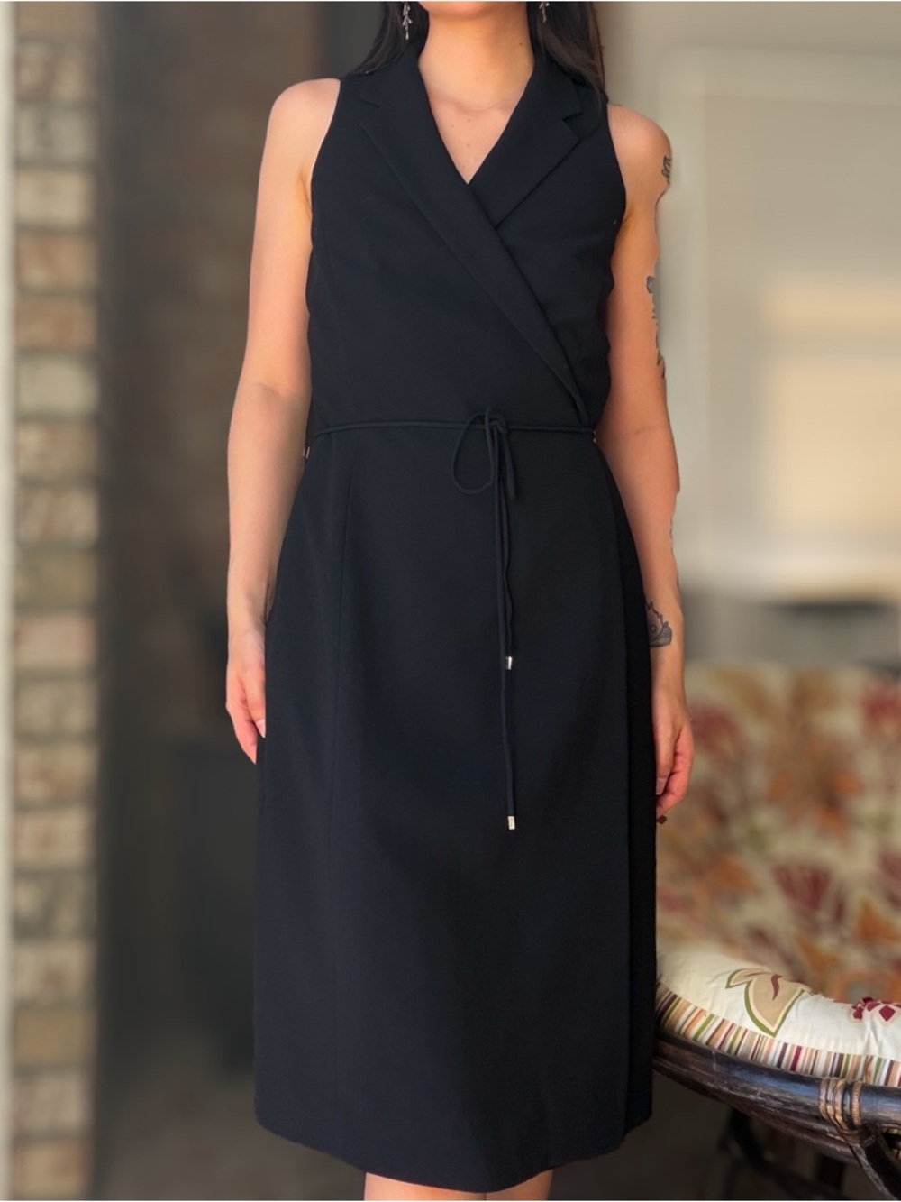 Ann Taylor Black Sleeveless Wrap-Style Midi Dress with Tie